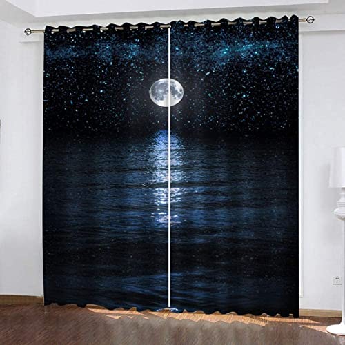 POKENE Mond Vorhang Blickdicht Gardinen mit Ösen Nacht 3D Druck Blickdichte Vorhänge Vorhang Verdunkelung Wärmeisolierend Wohnzimmer Schlafzimmer 2 Stück 140x175 cm (BxH) von POKENE