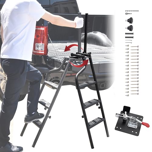 POKIAUTO 114.3 cm Faltbare Pickup Truck Heckklappenleiter mit Haltegriff, 360° Drehbar Heavy Duty Universal Klappbare Heckklappe Stufenleiter mit Handlauf für Pickup Truck (F250, RAM 2500 usw.) von POKIAUTO
