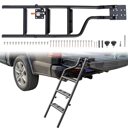 POKIAUTO Universal 114.3 cm Faltbare Pickup Truck Heckklappenleiter Schwerlast Klappbare Heckklappe Trittleiter mit Verriegelungsvorrichtung Universal Fit für Pickup Truck (F250, RAM 2500 usw.) von POKIAUTO