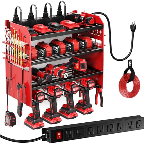 POKIPO Power Tool Organizer Wandhalterung mit Ladestation, robuster 4-lagiger Bohrerhalter, Werkzeugaufbewahrung in 8 Steckdosenleisten, Utility Rack mit 2 m Kabel für Garage, Werkbank und Werkstatt von POKIPO