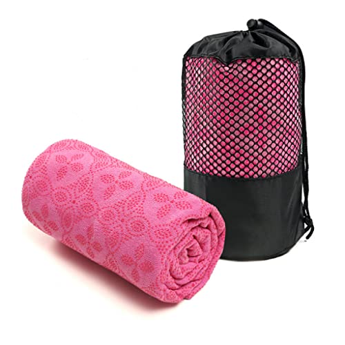 POKIVIR - Yoga-Handtuch, Hot Yoga Matte Handtuch - Schweißabsorbierend, rutschfest für Hot Yoga, Pilates und Workout, 61 x 182,9 cm mit verbessertem Kleeblatt-förmigen Griffpunkten (Deep Pink) von POKIVIR