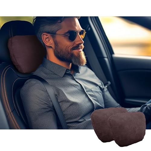 POKSRI nackenkissen Auto,kopfstütze Auto nackenstütze,Superfiber Wildleder Unterstützung Kissen,Pflanzenbasiertes Polyester,30x19cm Nachfüllbar&Verstellbar Fahrzeug(Dunkler Kaffee, Nackenkissen 2ps) von POKSRI