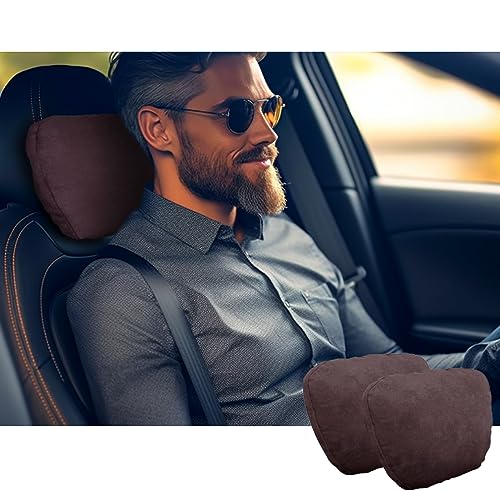POKSRI nackenkissen Auto,kopfstütze Auto nackenstütze,Superfiber Wildleder Unterstützung Kissen,Pflanzenbasiertes Polyester,30x19cm Nachfüllbar&Verstellbar Fahrzeug(Dunkler Kaffee, Nackenkissen 2ps) von POKSRI
