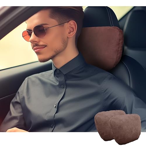 POKSRI nackenkissen Auto,kopfstütze Auto nackenstütze,Superfiber Wildleder Unterstützung Kissen,Pflanzenbasiertes Polyester,30x19cm Nachfüllbar&Verstellbar Fahrzeug(Heller Kaffee,Nackenkissen 2ps) von POKSRI