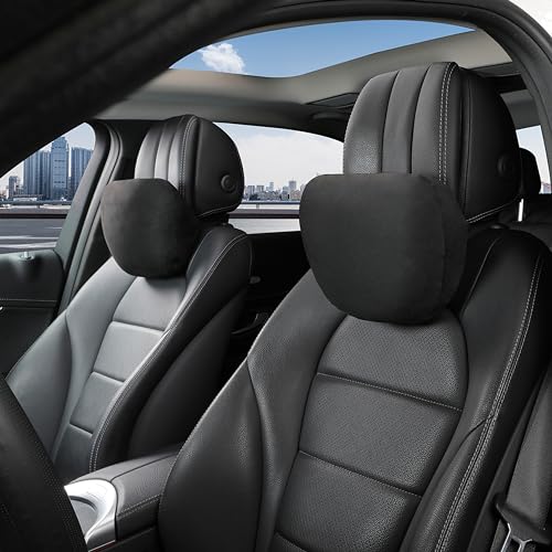 POKSRI nackenkissen Auto,kopfstütze Auto nackenstütze,Superfiber Wildleder Unterstützung Kissen,Pflanzenbasiertes Polyester,30x19cm Nachfüllbar&Verstellbar Fahrzeug(Schwarz, Auto-Nackenkissen 2ps) von POKSRI