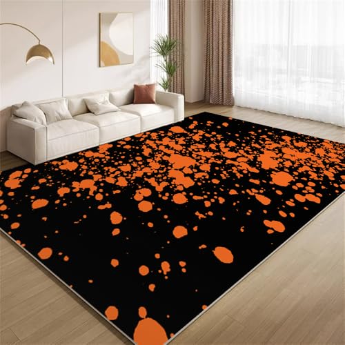 Abstraktes Gebranntes Orange Teppich Moderne Kunst In Schwarz Und Orange Eingangsbereich-Teppich rutschfest Fußmatte weich waschbar Bodenteppich für Wohnzimmer Innenbereich Flur Matten 60x90cm von POKXAEU