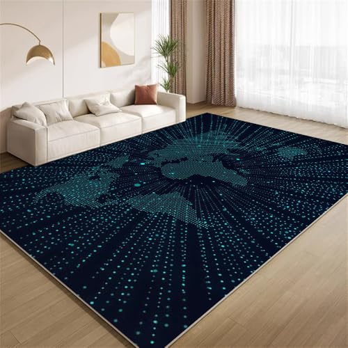 Blaue Weltkarte Teppich Neon Polka Dot Linien Rutschfester Bodendekor-Teppich weicher Kurzflor-Akzentteppich für Innenräume Wohnzimmer Schlafzimmer Spielzimmer Foyer 150x240cm von POKXAEU