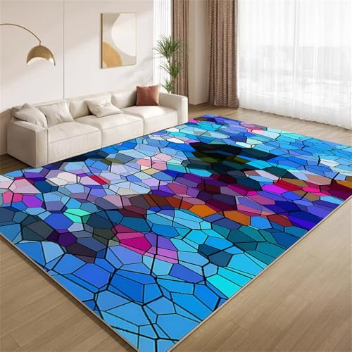 Buntes Blaues Glas Teppich Minimalistische Mehrfarbige Geometrische Formen Eingangsbereich-Teppich rutschfest Fußmatte weich waschbar Bodenteppich für Wohnzimmer Innenbereich Flur Matten 60x90cm von POKXAEU