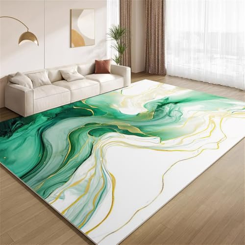 POKXAEU Abstrakt Grüngold Teppich Fließende Goldene Wellen Wohnzimmer-Schlafzimmer-Teppich rutschfest Überwurfmatten waschbar Bodendekoration Matte für den Innenbereich Flur 90x150cm von POKXAEU