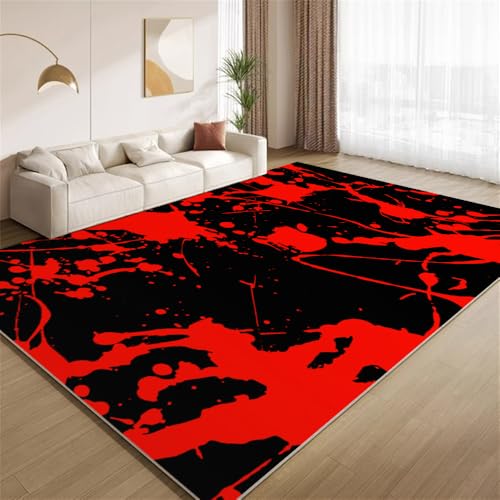 POKXAEU Abstrakt Rot Schwarz Teppich Farbspritzer Eingangsbereich-Teppich rutschfest Fußmatte weich waschbar Bodenteppich für Wohnzimmer Innenbereich Flur Matten 60x90cm von POKXAEU