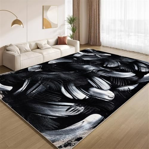 POKXAEU Abstrakt Schwarz Weiß Teppich Pinseldruck Innenbereich Teppich weiche Kunstwolle rutschfest waschbar Akzentteppich für Wohnzimmer Haustür Flur Dekoration 90x120cm von POKXAEU