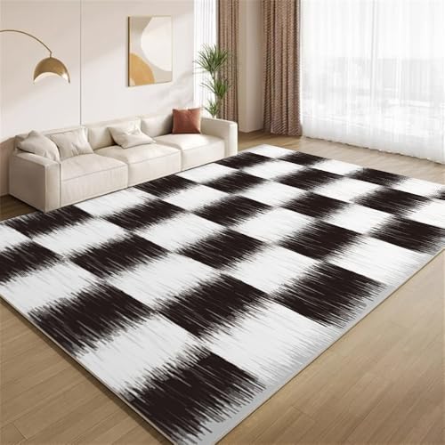 POKXAEU Abstrakt Schwarzweiß Teppich Flauschiges Gitter Eingangsbereich-Teppich rutschfest Fußmatte weich waschbar Bodenteppich für Wohnzimmer Innenbereich Flur Matten 60x90cm von POKXAEU