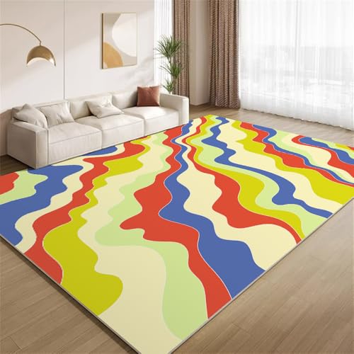 POKXAEU Abstrakte, Farbenfrohe Wellen Teppich Moderne Regenbogenstreifen Eingangsbereich-Teppich rutschfest Fußmatte weich waschbar Bodenteppich für Wohnzimmer Innenbereich Flur Matten 60x90cm von POKXAEU