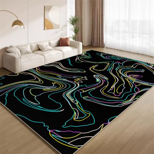 POKXAEU Abstrakte Bunte Linien Teppich Moderne Kunst In Schwarz Waschbarer Wohnzimmer-Schlafzimmer-Teppich weich rutschfest Kurzflor Matte für Bauernhaus Zuhause Boden Flur 120x150cm von POKXAEU