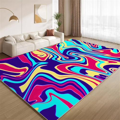 POKXAEU Abstrakte Bunte Streifen Teppich Fließende Wellen Eingangsbereich-Teppich rutschfest Fußmatte weich waschbar Bodenteppich für Wohnzimmer Innenbereich Flur Matten 60x90cm von POKXAEU