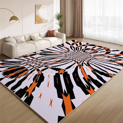 POKXAEU Abstrakte Grunge-Kunst Teppich Orange-Schwarze Streifen Waschbarer Wohnzimmer-Schlafzimmer-Teppich weich rutschfest Kurzflor Matte für Bauernhaus Zuhause Boden Flur 120x150cm von POKXAEU