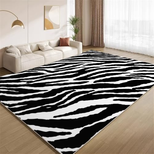 POKXAEU Abstrakte Schwarz-Weiße Streifen Teppich Zebrafellmuster Eingangsbereich-Teppich rutschfest Fußmatte weich waschbar Bodenteppich für Wohnzimmer Innenbereich Flur Matten 60x90cm von POKXAEU