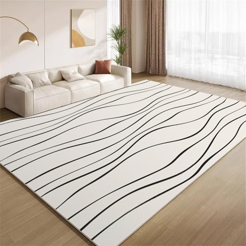 POKXAEU Abstrakte Schwarze Linien Teppich Schwarze, Gewellte Streifen Eingangsbereich-Teppich rutschfest Fußmatte weich waschbar Bodenteppich für Wohnzimmer Innenbereich Flur Matten 60x90cm von POKXAEU