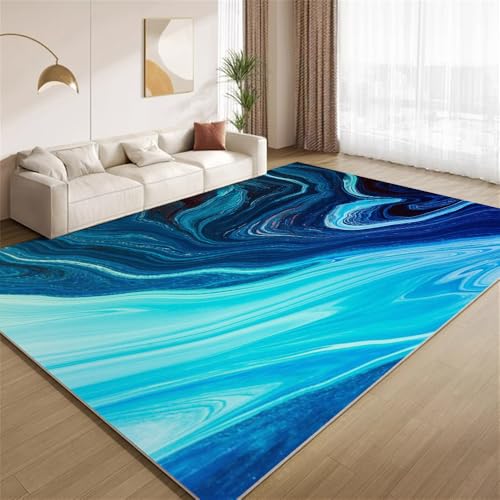 POKXAEU Abstrakter Blauer Marmor Teppich Fließende Blaue Wirbel Innenbereich Teppich weiche Kunstwolle rutschfest waschbar Akzentteppich für Wohnzimmer Haustür Flur Dekoration 90x120cm von POKXAEU