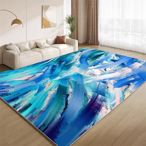POKXAEU Abstrakter Blauer Pinsel Teppich Grunge Blau Und Weiß Innenbereich Teppich weiche Kunstwolle rutschfest waschbar Akzentteppich für Wohnzimmer Haustür Flur Dekoration 90x120cm von POKXAEU