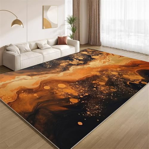 POKXAEU Abstraktes Gebranntes Orange Teppich Fließender Orange-Schwarzer Marmor Eingangsbereich-Teppich rutschfest Fußmatte weich waschbar Bodenteppich für Wohnzimmer Innenbereich Flur Matten 60x90cm von POKXAEU
