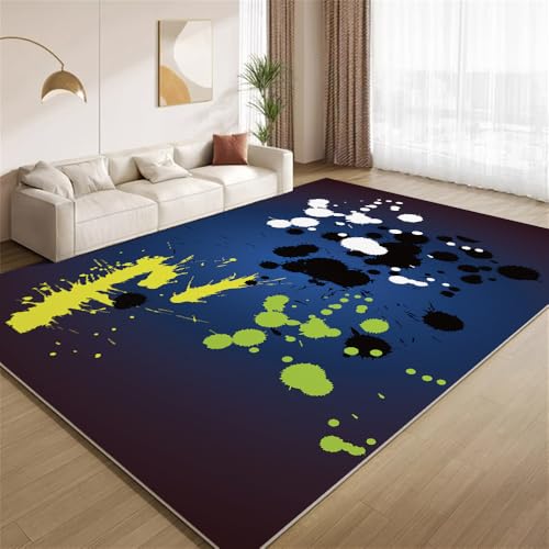 POKXAEU Abstraktes Graffiti Mit Spritzer-Tinte Teppich Moderne Kunst In Blau Waschbarer Wohnzimmer-Schlafzimmer-Teppich weich rutschfest Kurzflor Matte für Bauernhaus Zuhause Boden Flur 120x150cm von POKXAEU
