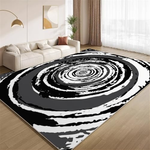 POKXAEU Abstraktes Schwarzweiß Teppich Kreisförmige, Wirbelnde Streifen Wohnzimmer-Schlafzimmer-Teppich rutschfest Überwurfmatten waschbar Bodendekoration Matte für den Innenbereich Flur 90x150cm von POKXAEU