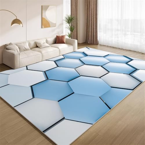 POKXAEU Blau-Weißes Sechseck Teppich Moderne Raumfüllende Geometrie Eingangsbereich-Teppich rutschfest Fußmatte weich waschbar Bodenteppich für Wohnzimmer Innenbereich Flur Matten 60x90cm von POKXAEU