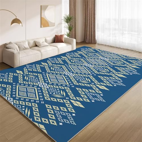 POKXAEU Blaue Tribal-Geometrie Teppich Minimalistisches Blaugelb Eingangsbereich-Teppich rutschfest Fußmatte weich waschbar Bodenteppich für Wohnzimmer Innenbereich Flur Matten 60x90cm von POKXAEU