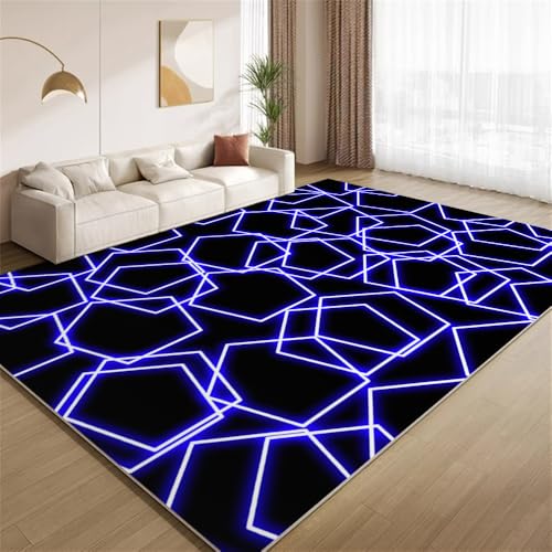 POKXAEU Blaues Fünfeck Teppich Neonblau-Schwarz-Geometrie Eingangsbereich-Teppich rutschfest Fußmatte weich waschbar Bodenteppich für Wohnzimmer Innenbereich Flur Matten 60x90cm von POKXAEU