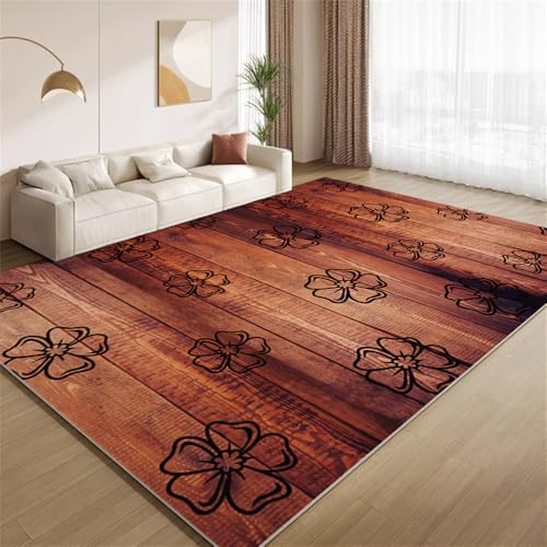 POKXAEU Braune Holzmaserung Teppich Einfache Schwarze Blumen Innenbereich Teppich weiche Kunstwolle rutschfest waschbar Akzentteppich für Wohnzimmer Haustür Flur Dekoration 90x120cm von POKXAEU