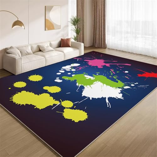 POKXAEU Bunte Farbspritzer Teppich Modernes Dunkelblau Eingangsbereich-Teppich rutschfest Fußmatte weich waschbar Bodenteppich für Wohnzimmer Innenbereich Flur Matten 60x90cm von POKXAEU