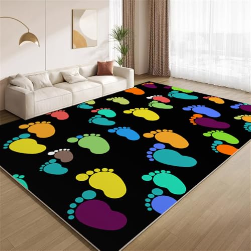 POKXAEU Bunte Fußabdrücke Teppich Mehrfarbig Schwarz Rutschfester Bodendekor-Teppich weicher Kurzflor-Akzentteppich für Innenräume Wohnzimmer Schlafzimmer Spielzimmer Foyer 150x240cm POKXAEU Bunte Fußabdrücke Teppich Mehrfarbig Schwarz Rutschfester Bodendekor-Teppich weicher Kurzflor-Akzentteppich für Innenräume Wohnzimmer Schlafzimmer Spielzimmer Foyer 150x240cm von POKXAEU