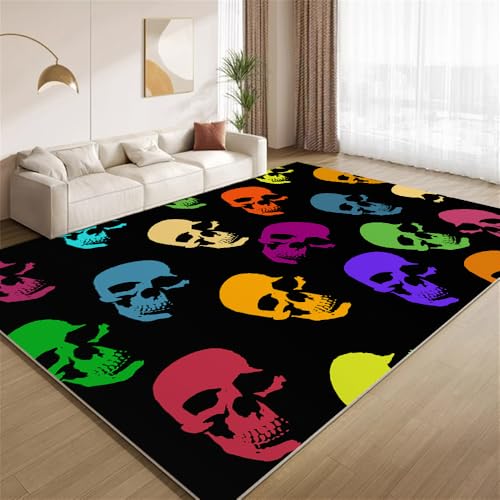 POKXAEU Bunter Totenkopf Teppich Moderne Mehrfarbige Schwarze Kunst Waschbarer Wohnzimmer-Schlafzimmer-Teppich weich rutschfest Kurzflor Matte für Bauernhaus Zuhause Boden Flur 120x150cm POKXAEU Bunter Totenkopf Teppich Moderne Mehrfarbige Schwarze Kunst Waschbarer Wohnzimmer-Schlafzimmer-Teppich weich rutschfest Kurzflor Matte für Bauernhaus Zuhause Boden Flur 120x150cm von POKXAEU