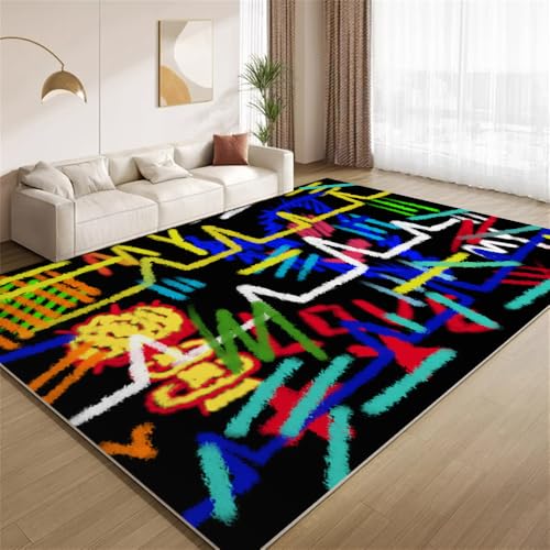 POKXAEU Buntes Graffiti Teppich Retro-Abstrakte Kunst Eingangsbereich-Teppich rutschfest Fußmatte weich waschbar Bodenteppich für Wohnzimmer Innenbereich Flur Matten 60x90cm von POKXAEU