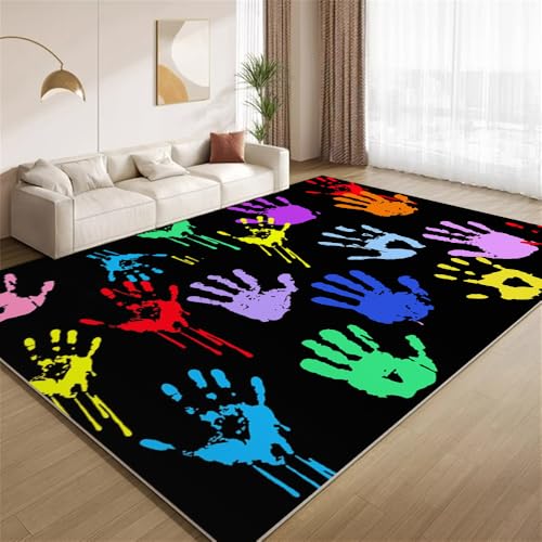 POKXAEU Buntes Handabdruck-Graffiti Teppich Farbspritzer Eingangsbereich-Teppich rutschfest Fußmatte weich waschbar Bodenteppich für Wohnzimmer Innenbereich Flur Matten 60x90cm von POKXAEU