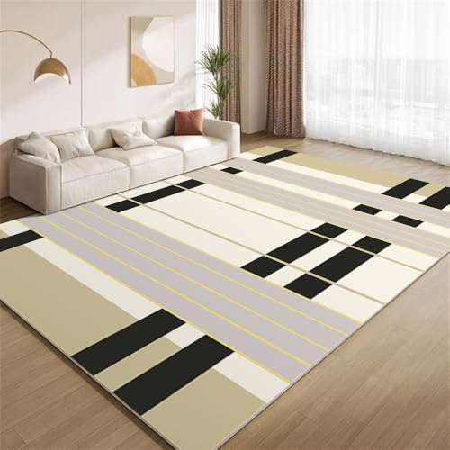 POKXAEU Einfache, Dicke Streifen Teppich Schwarzbeige Geometrische Formen Eingangsbereich-Teppich rutschfest Fußmatte weich waschbar Bodenteppich für Wohnzimmer Innenbereich Flur Matten 60x90cm von POKXAEU