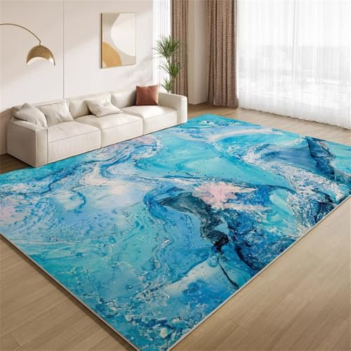 POKXAEU Fließender Blauer Marmor Teppich Meerwasser-Wellen-Textur Waschbarer Wohnzimmer-Schlafzimmer-Teppich weich rutschfest Kurzflor Matte für Bauernhaus Zuhause Boden Flur 120x150cm von POKXAEU