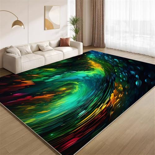 POKXAEU Fluoreszierende Grüne Streifen Teppich Abstrakte Bunte Wellen Wohnzimmer-Schlafzimmer-Teppich rutschfest Überwurfmatten waschbar Bodendekoration Matte für den Innenbereich Flur 90x150cm von POKXAEU