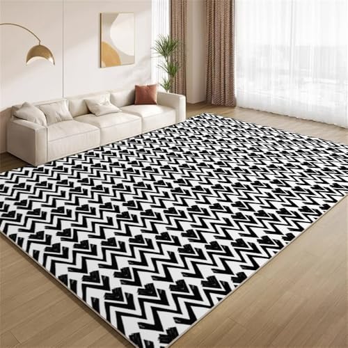 POKXAEU Funky Schwarz-Weiß Teppich Herzwellenstreifen Wohnzimmer-Schlafzimmer-Teppich rutschfest Überwurfmatten waschbar Bodendekoration Matte für den Innenbereich Flur 90x150cm von POKXAEU