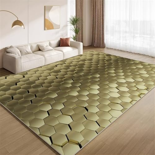 POKXAEU Goldbraune Geometrie Teppich Hexagonaler Wabendruck Innenbereich Teppich weiche Kunstwolle rutschfest waschbar Akzentteppich für Wohnzimmer Haustür Flur Dekoration 90x120cm von POKXAEU