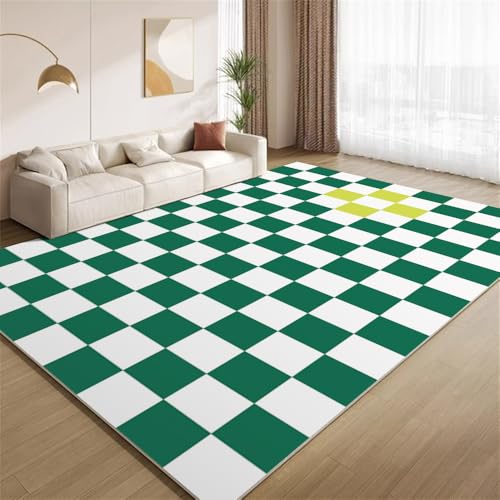 POKXAEU Grün-Weißes Schachbrettmuster Teppich Modernes Karomuster Eingangsbereich-Teppich rutschfest Fußmatte weich waschbar Bodenteppich für Wohnzimmer Innenbereich Flur Matten 60x90cm von POKXAEU