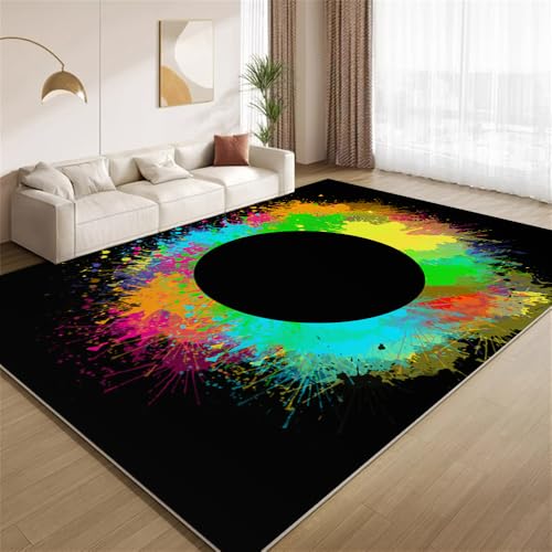 POKXAEU Grunge Bunte Farbe Teppich Moderne Kunst Mit Schwarzem Loch Eingangsbereich-Teppich rutschfest Fußmatte weich waschbar Bodenteppich für Wohnzimmer Innenbereich Flur Matten 60x90cm von POKXAEU