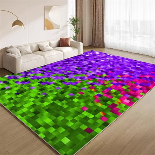 POKXAEU Lila-Grün-Geometrie Teppich Vintage-Pixelblöcke Rutschfester Bodendekor-Teppich weicher Kurzflor-Akzentteppich für Innenräume Wohnzimmer Schlafzimmer Spielzimmer Foyer 150x240cm von POKXAEU