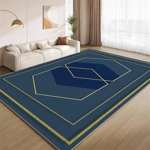 POKXAEU Luxuriöses Blaugold Teppich Moderner Goldrand Innenbereich Teppich weiche Kunstwolle rutschfest waschbar Akzentteppich für Wohnzimmer Haustür Flur Dekoration 90x120cm von POKXAEU