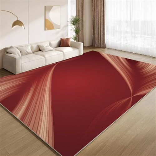 POKXAEU Luxuriöses Rot Gold Teppich Goldene Wellenstreifen Innenbereich Teppich weiche Kunstwolle rutschfest waschbar Akzentteppich für Wohnzimmer Haustür Flur Dekoration 90x120cm von POKXAEU
