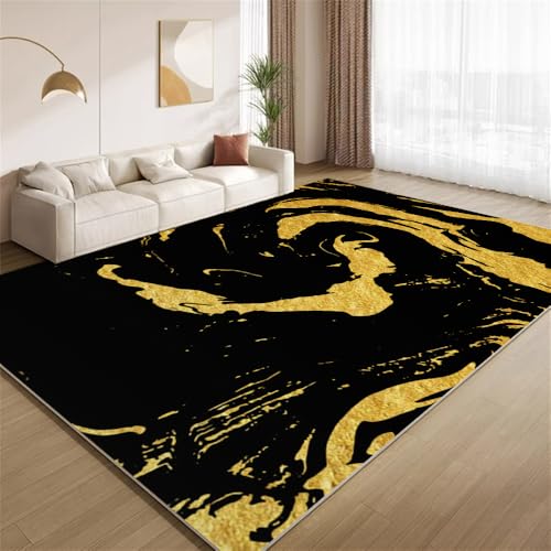 POKXAEU Luxuriöses Schwarz-Gold Teppich Abstrakte Goldfolientextur Eingangsbereich-Teppich rutschfest Fußmatte weich waschbar Bodenteppich für Wohnzimmer Innenbereich Flur Matten 60x90cm von POKXAEU
