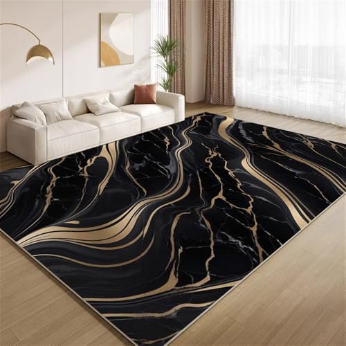 POKXAEU Luxuriöses Schwarzgold Teppich Schwarz-Gold-Marmor Rutschfester Bodenteppich weicher dünnen Kurzflor-Teppich für Wohnzimmer Schlafzimmer Küche Büro Esszimmer Hartholzboden 160x200cm von POKXAEU