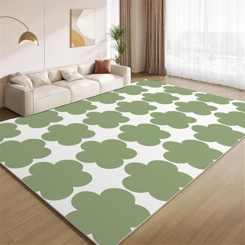 POKXAEU Moderne Grüne Blumen Teppich Schlichtes Kunstdesign Rutschfester Bodenteppich weicher dünnen Kurzflor-Teppich für Wohnzimmer Schlafzimmer Küche Büro Esszimmer Hartholzboden 160x200cm von POKXAEU