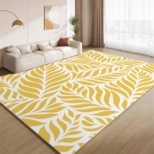 POKXAEU Modernes Gelbes Blatt Teppich Gelb-Weiße Pflanzen Eingangsbereich-Teppich rutschfest Fußmatte weich waschbar Bodenteppich für Wohnzimmer Innenbereich Flur Matten 60x90cm von POKXAEU